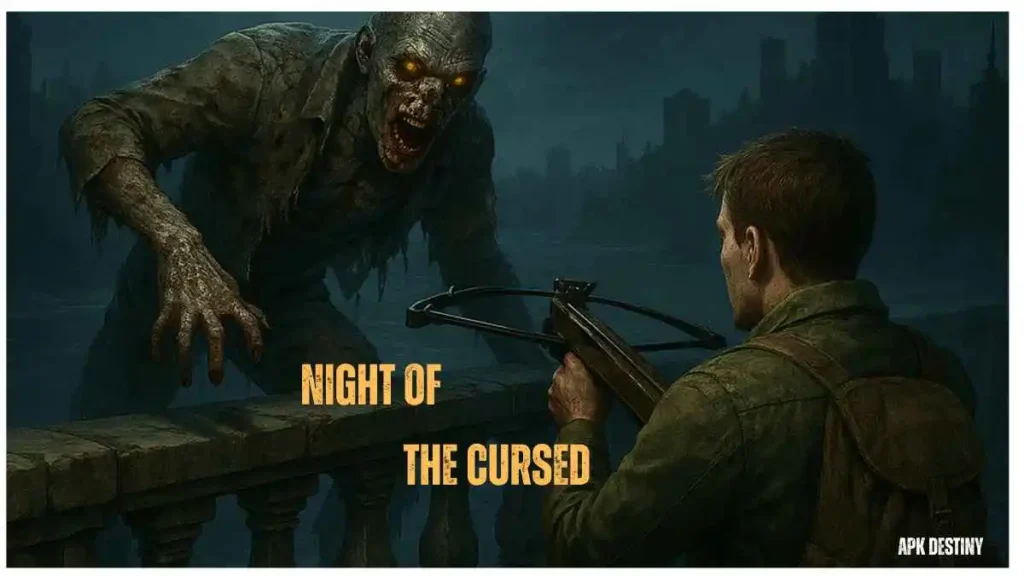 Scene from House of the Dead 2 Remake showing a survivor aiming a crossbow at a terrifying zombie with glowing eyes on a dark bridge – fan-made artwork by APK Destiny.