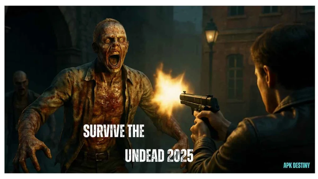 Fan-made concept inspired by House of the Dead 2 Remake, showing a survivor aiming at a zombie in a dark, abandoned city street – Survive the Undead 2025 original artwork.